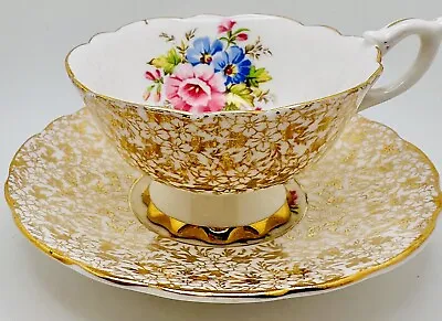Vintage English Bone China Heavy Gold Floral Chintz Orchid Cup & Saucer; Teacup • $29.99