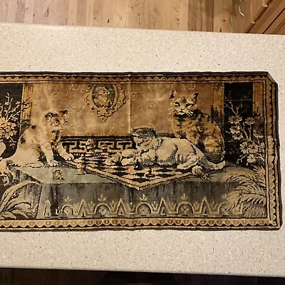 VINTAGE Italian WALL HANGING TEXTILE TAPESTRY CATS ON CHESS BOARD ART 39 X20.5” • $35