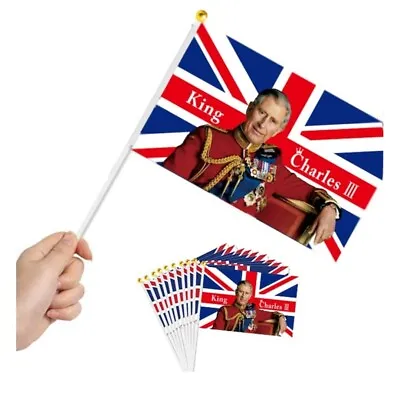 Union Jack King Charles Lll Hand Flags X 10 • £2