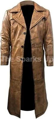 Mens Full Length Leather Trench Coat Real Cowhide Leather Duster Coat Men Wear • $104.29