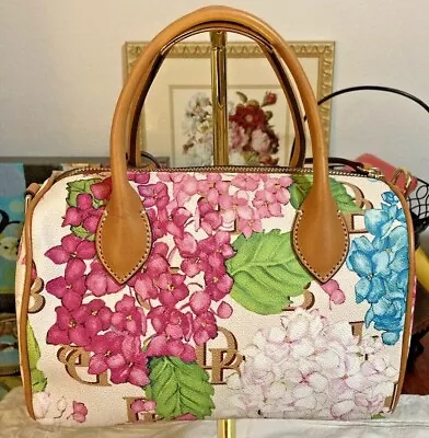 Dooney Bourke Cream Pink Brown Hydrangeas Floral Garden Flowers Barrel Satchel • $160.65