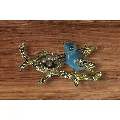 Vintage Gerrys Bluebird Nest Pin Brooch Bird Gold Tone Rare Rhinestone Eye • $19.99