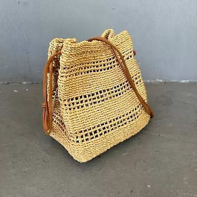 Vintage Raffia Straw Leather Beach Summer Crossbody Bucket Bag - Tan OS • $22