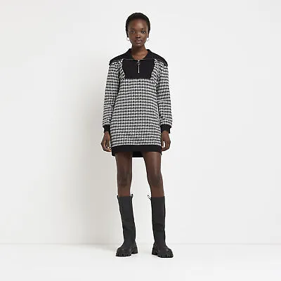 £7 • Buy River Island Womens Sweatshirt Mini Dress Black Long Sleeve Zip Through Dogtooth