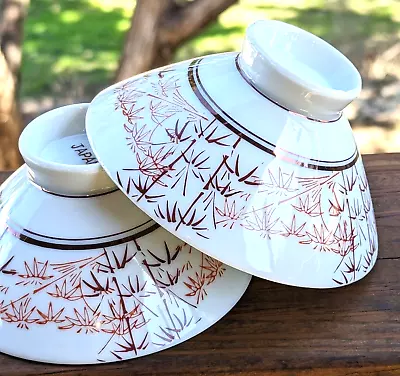 Pair Of BAMBOO Footed Traditional RICE BOWLS Metallic Maroon Red & White JAPAN • $13.49