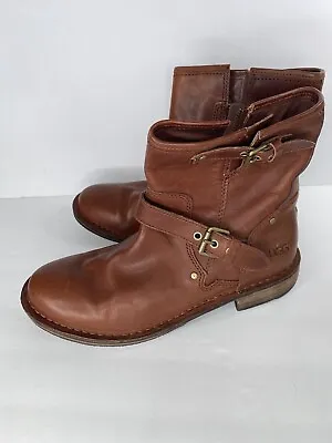 UGG Women’s Fabrizia Brown Leather Sheepskin Ankle Zip Buckle Moto Boots 7.5 • $34.99