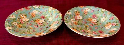 2~Bethany Teal Floral Chintz Soup Bowls 8.5  Staffordshire England Bone China • $25