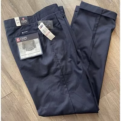 Chaps Pants Mens 34x32 Blue Chino Wrinkle Resistant Double Pleat Cotton Cuff NEW • $16.98