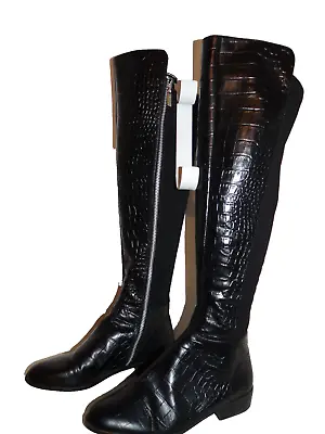 Michael Kors Bromley Boots 7.5M Black Croc Embossed Leather Stretchy Boots • $79.99
