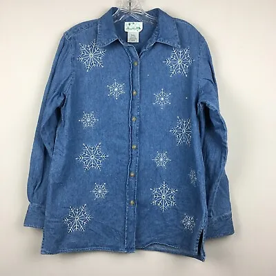 The Quacker Factory Denim Button Shirt Shacket Embroidere Snowflake Rhinestone S • $19.99