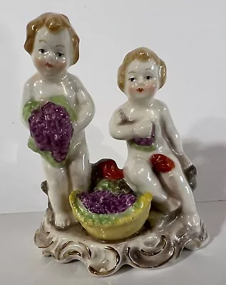 Vtg Occupied Japan Porcelain Figure Cupid Angel Pair W/ Purple Grapes • $25