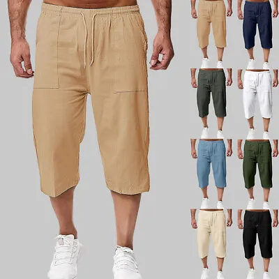 Mens Cotton Linen Cargo Shorts Elasticated Waist 3/4 Length Capri Cropped Pants • $17.19
