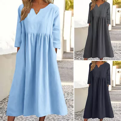 ZANZEA Women Summer 3/4 Sleeve V Neck Casual Loose Waistband Pleated Midi Dress • $31.34