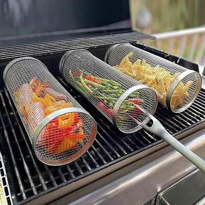 BBQ Basket Stainless Steel Rolling Grilling Wire Mesh Cylinder Grill Basket • $21.49