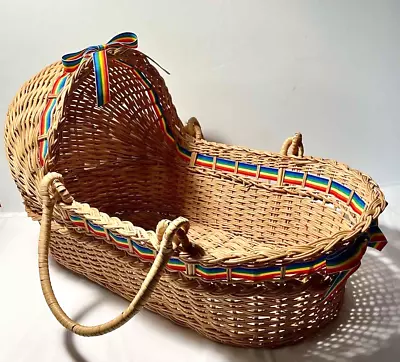 Vintage Moses Rattan Wicker Basket Bassinet W Ribbon 15 In. Doll Or Teddy Bear • $19.99