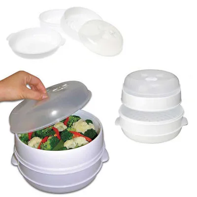 2 Tier Microwave Vegetable Steamer Pasta Rice Fish Steaming Pot Healthy Eating • £8.75
