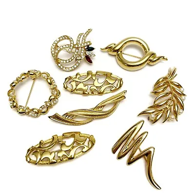 Vintage Lot Of 8 Goldtone Crystal Rhinestone Faux Pearl Brooches Unsigned • $29.99