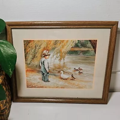 Vintage Duck & Boy Landscape Framed Print Wall Hanging | Gallery Wall • $24