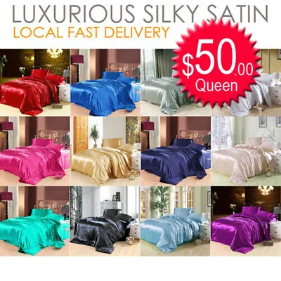 $45 • Buy Silky Soft Satin AUS Size Quilt Cover Set Or Flat,Fitted,Pillowcases Sheet Set