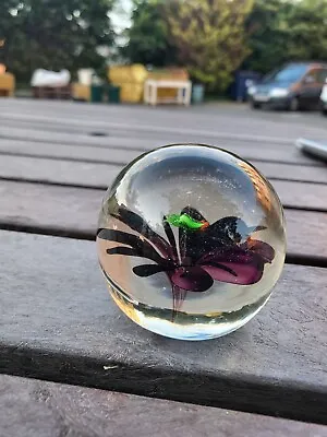 Vintage Art Glass Purple Flower & Insect Paperweight • £10