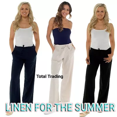 Ladies Womens Linen Casual Trousers Summer Pants Bottoms Holiday  10 To 24  R562 • £11.99