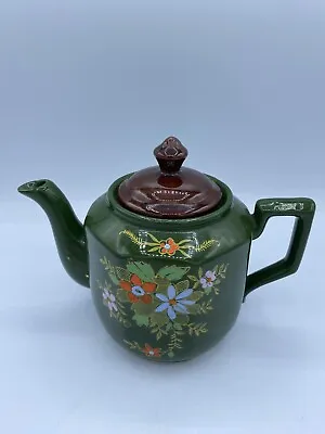 Vintage Hunter Green Teapot Hand Painted Flowers Made In Japan • $20.75