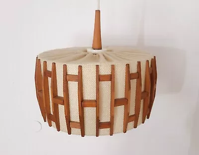 TEMDE Teak Wood Fabric Ceiling Pendant Hanging Lamp Vintage Mid Century 70s • $354.35