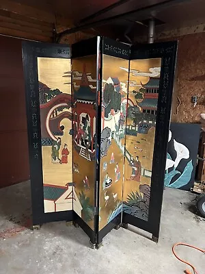 Antique/ Asian Oriental Vintage Four Panel Wood Lacquer Room Divider Screen • $99