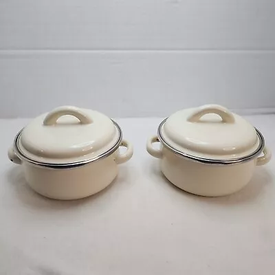 Vtg Pair Of MEGAWARE Small White Enamel 0.5 Qt. Pot W/Lid Made In Spain  4.5  • $35