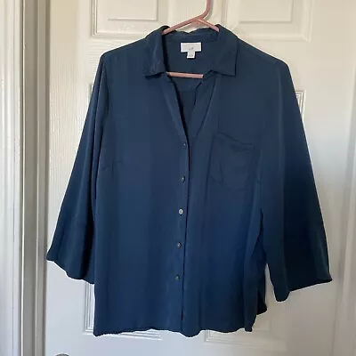 J Jill Navy Blue 3/4 Sleeve Button Down Blouse Size M Front Pocket • $12