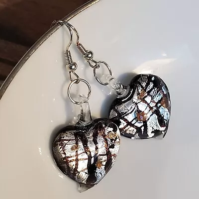 Hand Blown Murano Glass Black Silver Gold Puffed Heart Pendant Earrings • $24.95