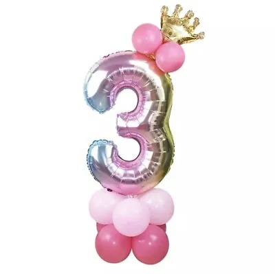 3rd Birthday Rainbow Crown Balloon Stand Set 32  Princess Girls Party Age 3 • £6.99