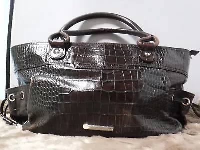 Pm2 VTG VIA SPIGA Brown Croc-Emboss Leather Dual Pockets Handle Classic Handbag • $29.99