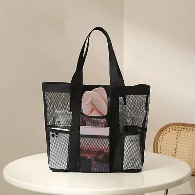 L Mesh Beach Bag Foldable Shopping Zipper Handbag With Zipper Pockets Swim Pool • $8.99