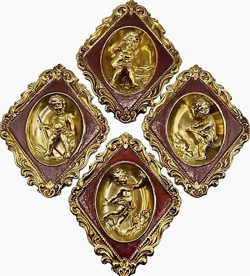 Set Of 4 Vintage ARDCO Maroon Red Gold Cherub Figures Wall Hanging Plaque Japan • $24.99