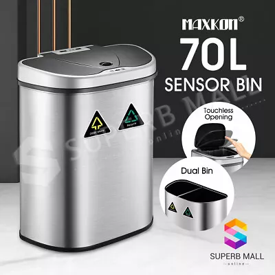 70L Motion Sensor Dual Bin Rubbish Trash Recycling Can Stainless Steel Dustbin • $142.59