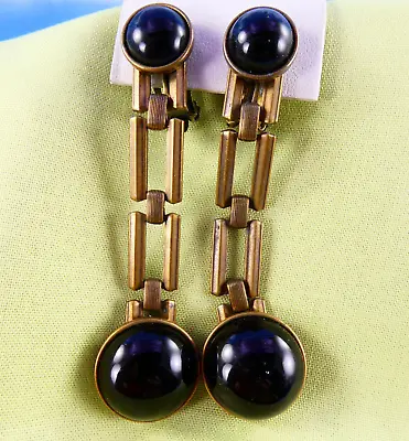 Vintage Art Deco Drop Dangle Earrings Clip On Brass Tone Black Cabochons • $24