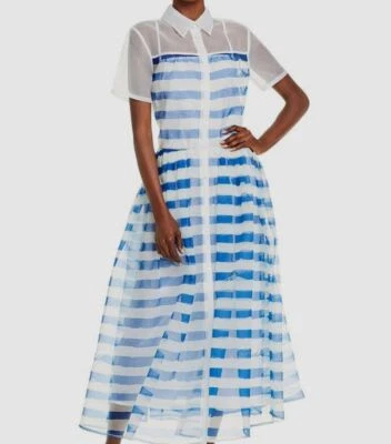 $194.51 • Buy $495 Staud Women's White Blue Painted Striped Midi Shirt Gown Dress Size Medium