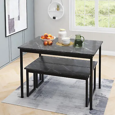 Dining Table And Chairs Set Wood Marble Effects Table Dining Set 2 Bench Seats • £98.09