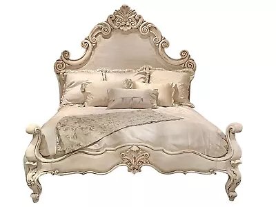 Traditional King Size Bed Vintage Bedroom Furniture Hand Carved Waxed White • $3449