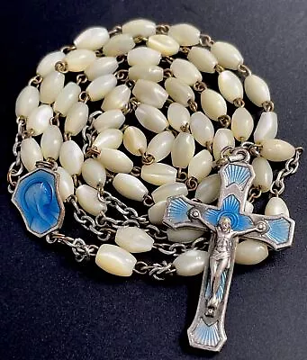 Vintage Genuine Mother Pearl MOP Rosary Blue Enamel Center Crucifix France • $49.99