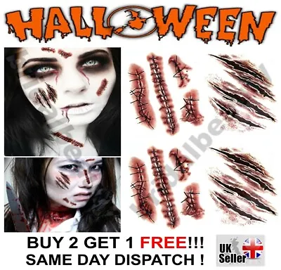 Halloween Zombie Scars Temporary Fake Tattoo Blood Scab Wound Face Make Up Scary • £2.49