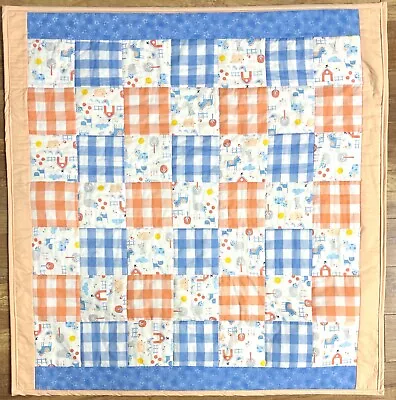 Baby Quilt Handmade Blue Orange Patchwork Crib Bedding Country Farm 40 X 40  NEW • $45