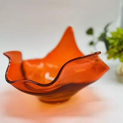 Vintage Viking Glass Persimmon Amberina Orange Handkerchief Bowl MCM • $40