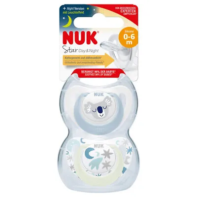 £8.99 • Buy NUK STAR DAY NIGHT Orthodontic Breastfeeding SOOTHER SIZE 1 0-6M BLUE 2 PACK New
