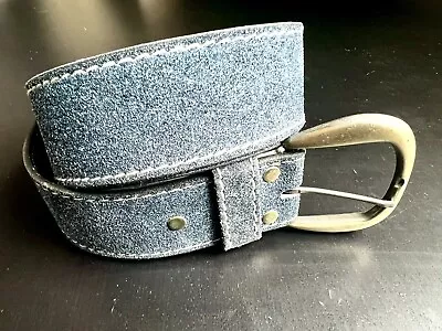 Handmade Sz 34 Western Split Sueded Cowhide Leather Suede Belt Blue White Stitch • $19.99