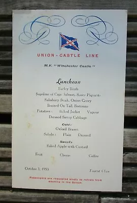 Union Castle Line MV Winchester Castle Luncheon Menu Tourist Class 3rd Oct 1953 • £8.50