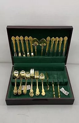 Cambridge Gold Tone Stainless Flatware Set In Wooden Box 5.82 Lbs • $9.99