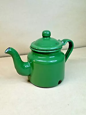 VTG Enamelware Tea Pot Green Hinged Lid Metal Farmhouse • $12