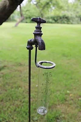 Cast Iron Garden Rain Gauge Rustic Outside Tap Glass Bowl Rainfall Measure Spike • £30.90